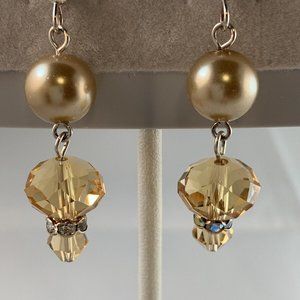 Silver Plated Pierced French Wire Dangle Earrings With Champagne & Pearl (N8)